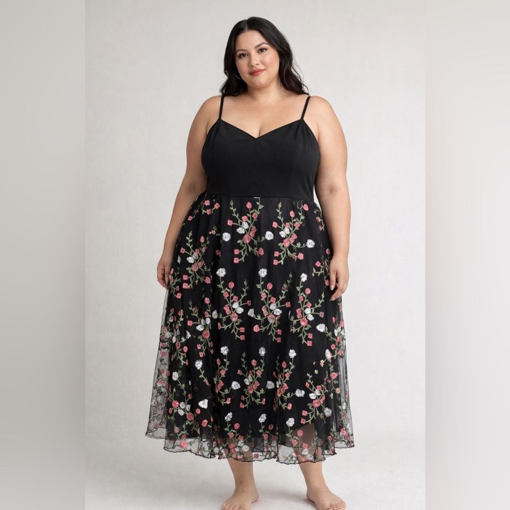 Shein Curve Black Embroidered Floral Mesh Slip party Dress 3XL Spaghetti Strap
